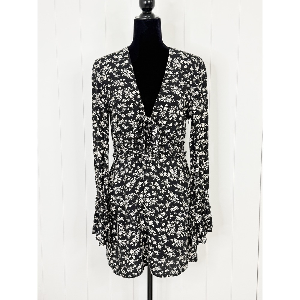 The East Order Black Floral Tie Front Mini Dress Womens Size M Boho Festival